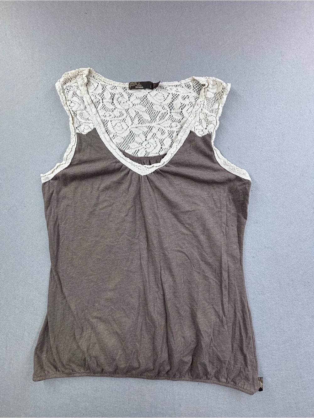 Prana Taupe‎ Tank with Cream Lace Yoke